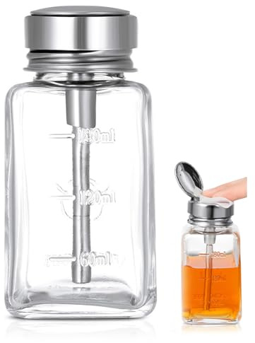 Runser 6oz/180ml Glass Push Down Pump Dispenser for Acetone, Nail Polish Remover & Essential Oils - Leak-Proof, Refillable, Durable - Ideal for Nail Salons, Labs or Home Use
