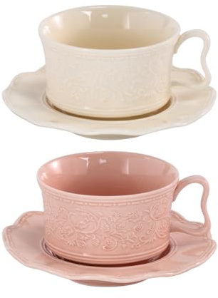 KAMMAK Tea Cups and Saucers Set of 2, 7oz Porcelain Coffee Cups with Saucers, Ceramic Espresso Mugs for Coffee, Latte, Americano, Tea, Elegant Teacup and Saucer (YFH1+2)
