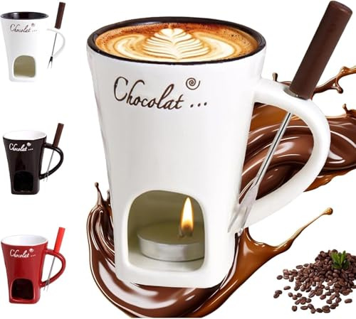 Generisch Taza de fondue de chocolate, taza para fundir chocolate, taza de fondue de chocolate de cerámica, juego de fondue de chocolate multiusos con tenedor y vela de té, adecuado para queso
