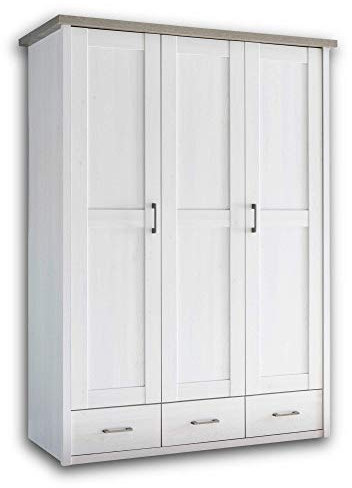 LUCA Eleganter Kleiderschrank Babyzimmer 3-türig - Vielseitiger Drehtürenschrank mit viel Stauraum in Pinie Weiß / Trüffel - 148 x 201 x 62 cm (B/H/T)