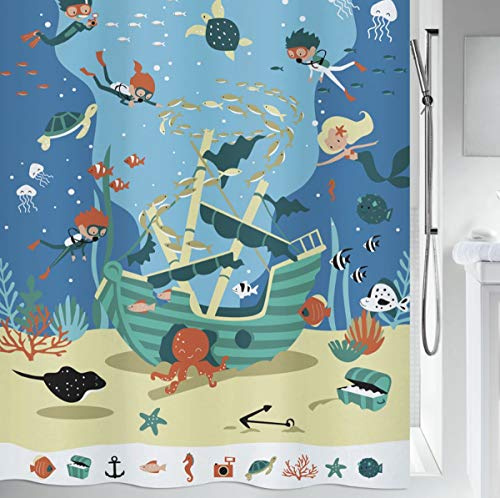 Spirella Anti-Schimmel Duschvorhang - Anti-Bakteriell, waschbar, wasserdicht, Polyester, „Diver Kinder“ 180x200cm