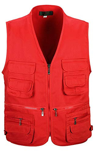 AnyuA Herren Anglerweste Arbeitsweste Colore Solido, Multitaschen Design, mit Reißverschluss Fotografieren Rot 3XL