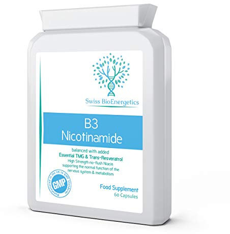Vitamin B3 Nicotinamide - High Strength no Flush Niacin - Balanced with Essential Tri-Methyl Glycine (TMG) & Trans-Resveratrol - UK Made