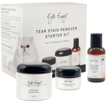 Eye Envy Cat Tear Stain Remover Starter Kit | Tear Stain Essentials in one kit at a 2-Step System | Lasts 30-45 Days | Solution 2 fl.oz, Applicator Pads 30 Count and Powder 0.5oz