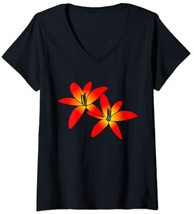 Damen blühende Lilien, Lilie, Blume, Blumen, Blüten Blüte rot gelb T-Shirt mit V-Ausschnitt