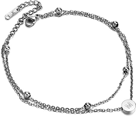 Kim Johanson Edelstahl Damen Fußkettchen *Buchstabe* in Silber Doppelte Fußkette mit 6 Kugeln | Buchstaben A bis Z | Wasserfest | Frauen Boho Schmuck | Verstellbar inkl. Schmuckbeutel