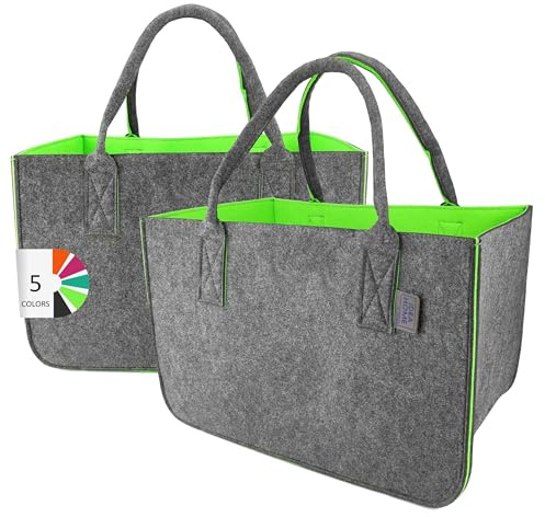 LEVIATAN Bolsa de Fieltro XXL 40 cm x 27 cm x 27 cm (aprox. 30L), Gris Oscuro / Lime, 2 Piezas, Multiusos, Foldable, Lavable