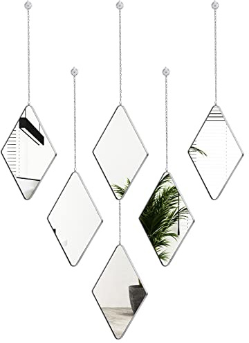 6er Pack Diamant Hänge Spiegel Wanddekoration Set mit 2 Schraubendreher Diamant Wandspiegel mit Kette Silberfarben Rahmen Diamant Spiegel mit Kette für Haus Wohnzimmer, 27,4 x 17 cm