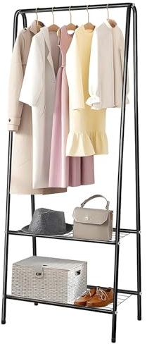 Youyijia Kleiderständer Metall Kleiderstange 60 cm x 151 cm Kleiner Garderobenständer für Schlafzimmer mit Schuhablage Kleiderstange mit Zwei Regalen Kleiderstangen für Kleidung (Schwarz)