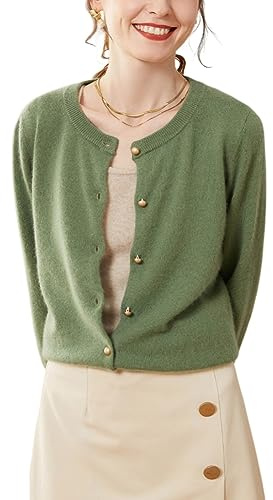 DISSA Gilet Cachemire Femme Col Rond Perles Ajusté,Vert,42