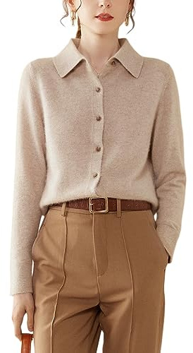 DISSA Cardigan Cachemire Laine Femme Col Revers Manches Longues,EU 34-42 | automnal,maille unie fine ajustée,col revers,panneau bouton rond,bords côtelés,texture souple,tissu élastique,ajustée
