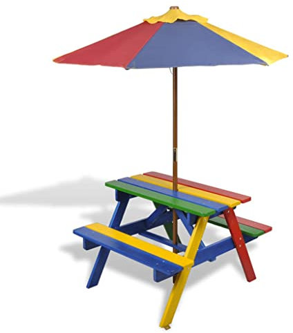 RAUGAJ Picknicktisch für Kinder, mit Bänken und Sonnenschirm, mehrfarbig, Farbe: rot/gelb/blau/grün