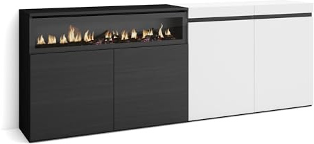 Skraut Home | Aparadores para salón | Gran Capacidad de almacenaje | 200x75x35cm | 4 Puertas | Chimenea eléctrica | Estilo Moderno | Blanco y Negro