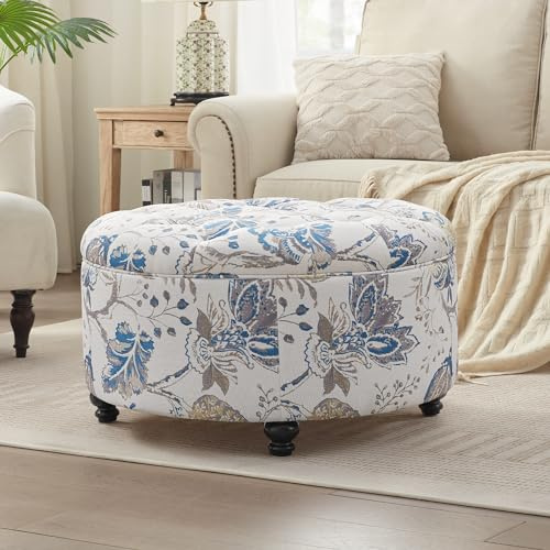 HUIMO 30-Inch Round Storage Ottoman, Modern Button Tufted Coffee Table with Removable Top, Upholstered Ottoman with Storage Footrest Stool for Living Room, Bedroom and Office(Blue Flower)