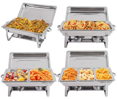 4 Pack 8QT Chafing Dishes Buffet Set Stainless Steel Chafer with 2 Full Size & 4 Half Size Pans, Foldable Food Warmers for Parties, Buffets, Wedding, Banquet, Catering Events