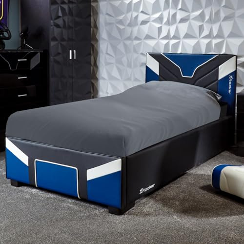 X-Rocker Cerberus Ottoman MKII Gas Lift Upholstered Platform Bed Frame with Storage Ottoman Gaming Bed with Hydraulic Lifting Under Bed Storage Single 3ft BLUE BLACK WHITE - 90x190cm Mattress Included