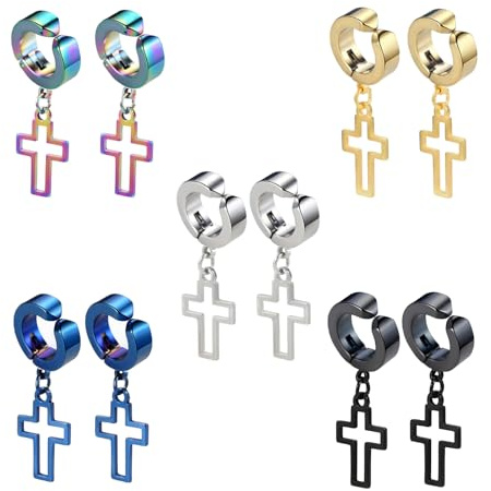 Hinvan 5 Paare Edelstahl Kreuz Ohrringe Clip für Herren Damen Männer, Clip Ohrringe Damen Ohne Ohrlöcher Ohrclips Herren