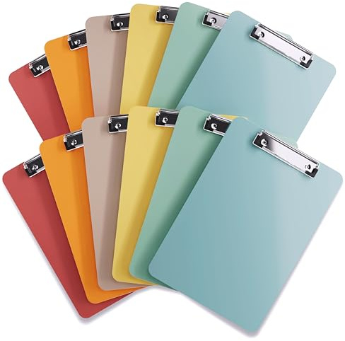 Clipboards – Set of 12 Plastic Clip Boards 8.5x11 Bulk | Colored Acrylic Clipboards for Classroom, Boho Classroom Decor, Teacher Supplies | Cute Clip Board for Kids, Office, Coaching, Medical, School