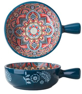 KKGUD 1 cuenco de cerámica pintado a mano con asa, ensaladera redonda, 6 pulgadas, patrón bohemio (azul)