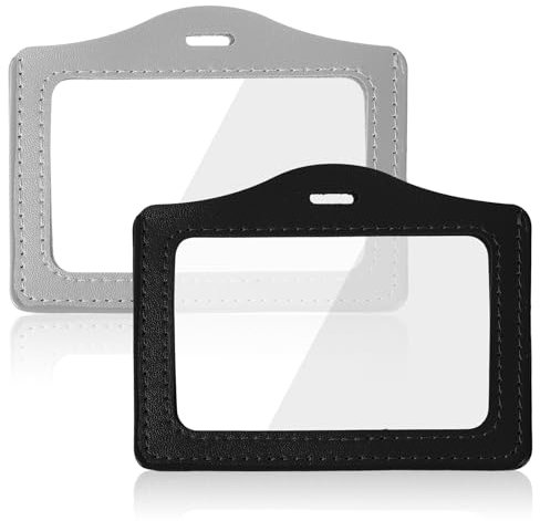 2 Pack Lanyard Card Holder Clear Genuine Leather Horizontal Id Holders with Double-Side Clear Window, Waterproof Work Name Card Badges Holder Suit for Office, Staff, Students, Employees (Black & Gray)