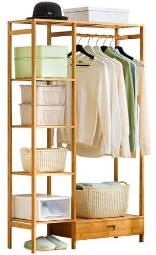 QYMLSH Kleiderstange Mit Regal, Haushalts-Kleiderständer Aus Bambus, Tragbar Mit Schublade, Kleiderstange, Ordentlicher Organizer for Mäntel, Schuhe, Stiefel, Freistehender Kleiderständer for 100 Kg