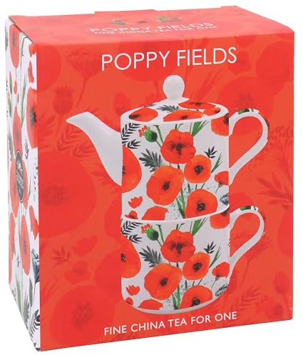 The Leonardo Collection Finola Stack Poppy Tea for One | Ceramic Teapot and Cup Set | Beautiful Gift for Home Use | Stylish Printed Teapot for Tea Lovers