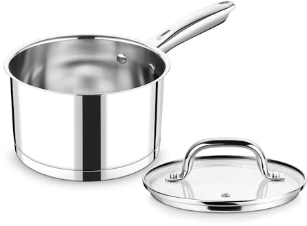 HaWare Stielkasserolle, 18cm Edeastahl Klein Milchtopf Topf Induktion mit Glasdeckel, 2,8L Kochtopf Kasserolle mit 3-Lagen Boden für alle Herdarten, Gesund & Unbeschichtet, Spülmaschinenfest