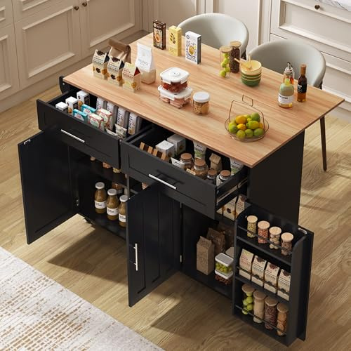 DRIXNO Kücheninsel Freistehend mit Klappbarer Arbeitsplatte Küchenschrank Küchenwagen auf 5 Rollen, mit Ablage und 2 Schubladen, Schwarz Für Esszimmer 129 * 71 * 91.5cm