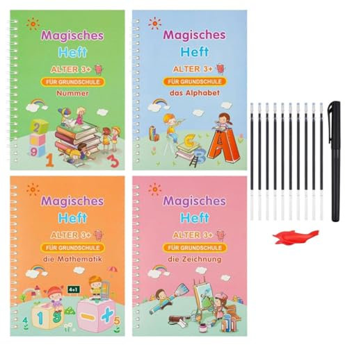 Generisch Deutsch Magisches Heft Mit Stift, Magisches Übungsheft, Wiederverwendbare Handschrift Kalligraphie Übungsheft Für Kinder Ab 3+Jahren Schreibens Von Zahlen Briefe Mathe & Zeichnen