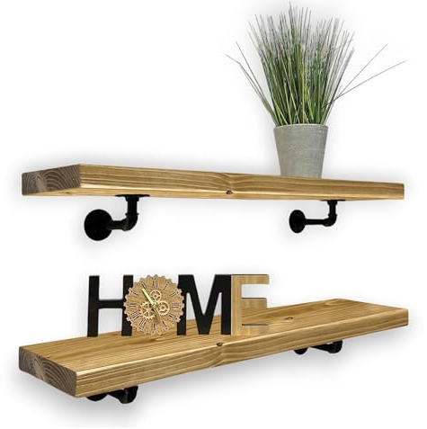 MKGT Rustic Shelves with Pipe Brackets Handcrafted Wall-Mounted, Handmade Scaffold Board Decorative Kitchen Room (Rustic Pine, 60 cm)