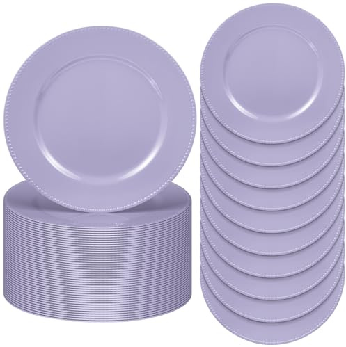 Jinei 36 Pack Lavender Charger Plates 13 Inch Plastic Beaded Round Charger Plates Wedding Table Decoration Reusable Dinner Plate Tray for Birthday Party Holiday Event