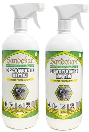Sandokan, 2 Disabituanti Rettili Spray da 1 Litro, Repellente per Gechi, Lucertole e Serpenti, Dissuasore Olfattivo Naturale per Esterno e Interno, Sicuro per Animali, Non Macchia, Made in Italy