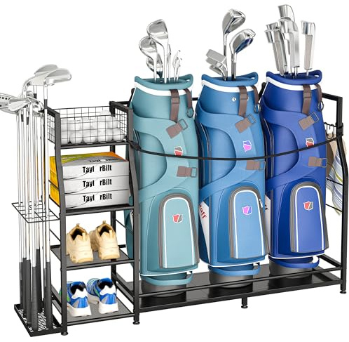 Golftaschenständer für Golftaschen-Zubehör, Golftaschen-Aufbewahrungs-Organizer passend für 3 Taschen für Garagenorganisation, Golf-Organizer mit zusätzlichem Aufbewahrungsregal für Golfschläger und