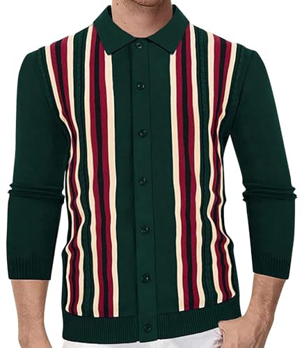 Polo de punto para hombre Slim Retro de los años 60, a rayas, con botones, camisa de golf de manga larga, cárdigan de punto, verde, L
