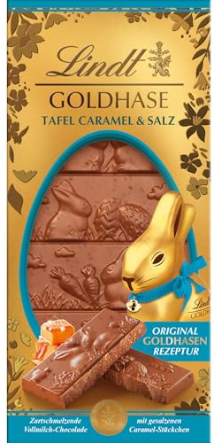 Lindt Schokolade GOLDHASEN Tafel, Caramel & Salz | 120g | Vollmilch Schokolade nach original Goldhasen Rezeptur und GOLDHASEN Druck auf der| Schokoladentafel | Schokoladengeschenk