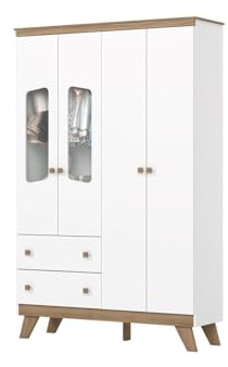 Befara Armoire Enfant 4 Portes 2 TIROIRS Clown, Blanc/Naturel, 131 x 41 x 200 cm, Armoire Enfant Chambre 4 Portes Verre