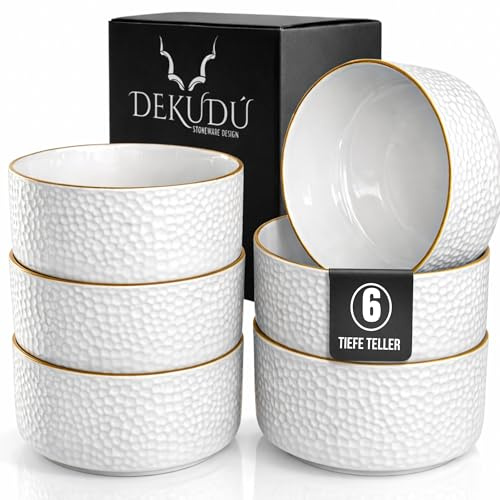 DEKUDÙ Platos Hondos Pasta Sopa Platos Vajilla Cuencos Sopa - Ceramica de Gres de Calidad - Fabricados a Mano - 6 Piezas 15cm - Gran Dureza Aptos Lavavajillas Microondas - Color Blanco