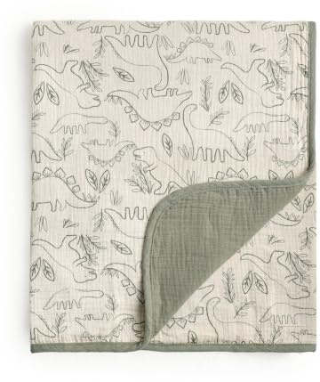CREVENT Babydecke aus 100% Bio-Baumwolle Musselin 100x100cm (40''x40''), Neugeborenendecke Babyparty & Geburtstag - Dinosaurier Motiv