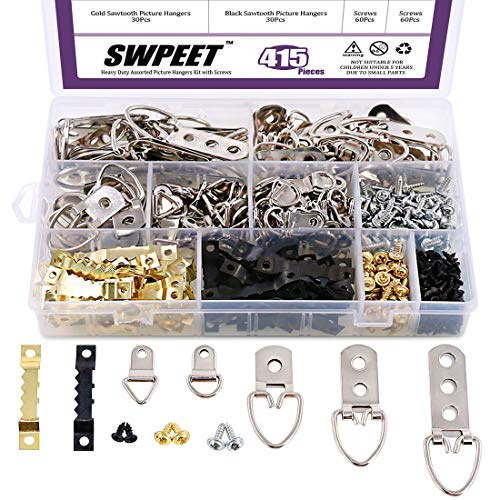 Swpeet 415 st bildhängare kit med skruvar, kraftiga blandade bildhängare sortimentsats för bildhängande lösningar med transparent låda – 7 modeller