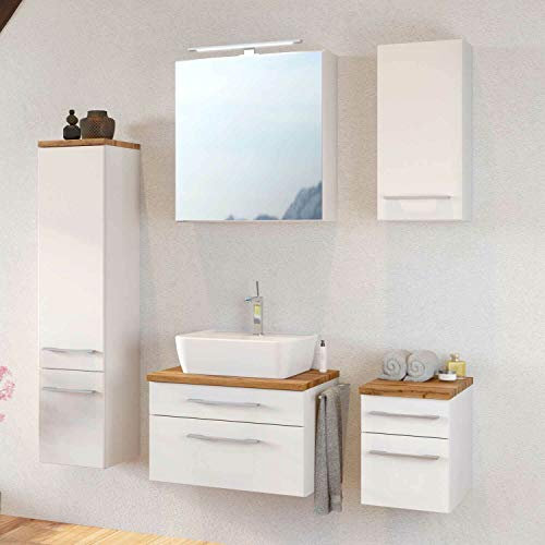 Lomadox Badmöbel Set 60cm matt weiß Waschtisch-Unterschrank inkl. Aufsatzwaschbecken LED-Spiegelschrank