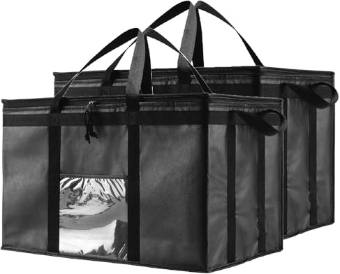 NZ Home Sac Isotherme (79L, 3XL, lot de 2) pour la livraison de nourriture et l'épicerie avec dessus zippé, noir