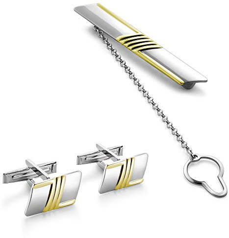 STERLL Herren Manschettenknöpfe Und Krawattenklammer Set Aus Sterlingsilber 925 Mit Goldfarbenen Akzenten
