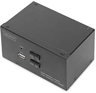 DIGITUS KVM-Switch HDMI – 2-Port Dual-Display – 2 PC 2 Monitore – 1x Maus, Tastatur und Audio für 2 Computer – UHD 4K 30Hz – Hot-Key KVM Umschalter – 1x USB 2.0 Hub – Schwarz
