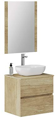 Baikal Baño Onyx, 2 cajones, suspendido en Pared, con Lavabo cerámico. Mueble Montado, Melamina 16,Mueble F46 + Top + Lavabo + Espejo 60 cm Nature