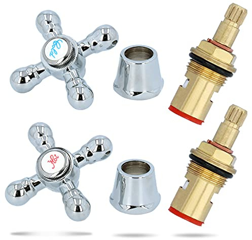 2 Paar Wasserhahngriff Set Keramik Oberteil Messing Ventiloberteil 1/2 Zoll Sanitär-Oberteil Mit Nostalgie Retro Griff Chrom Hot & Cold Rot Blau Wasserhahn Kartusche | Ersatzteile Armaturen Bad Küche