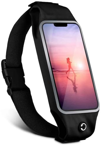 moex Laufgürtel Handy für Apple iPhone 13 Pro Max Lauftasche Jogging Tasche Wasserfest, Slim Running Belt Flexibel mit Sichtfenster, Laufgurt zum Joggen Bauchtasche Sport, Schwarz