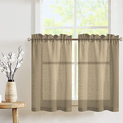 TOPICK Cortina para Cocina con Patrón Cruzado de Color Taupe Transparente con Lino Estilo Rústico de Gasa Corta para Ventana de Habitación o Comedor Semitransparentes Juego de 2 Unidades 63 x 115 cm