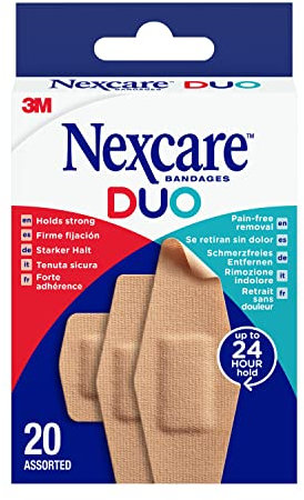 Nexcare DUO Plasters, Assorted Sizes, 20 Plasters per Pack, Holds Strong for up to 24 Hours, Pain-free Removal, Water Resistant, for Wounds and Minor Scratches, Bandages for First Aid Kits