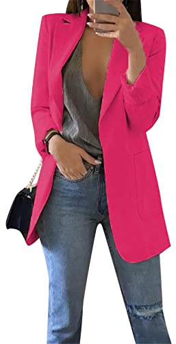Yming Damen Einfarbig Strickjacke Lässiger Blazer Mit Taschen Lässige Lose Jacke Rose Rot XXL