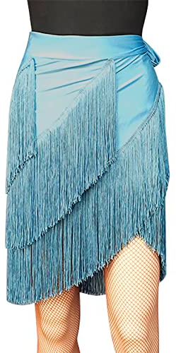 SEAUR Latein Tanzrock Damen Bauchtanz Hüfttuch Fransen Rock Ballsaal Rumba Cha Cha Samba Tanzkleid Blau